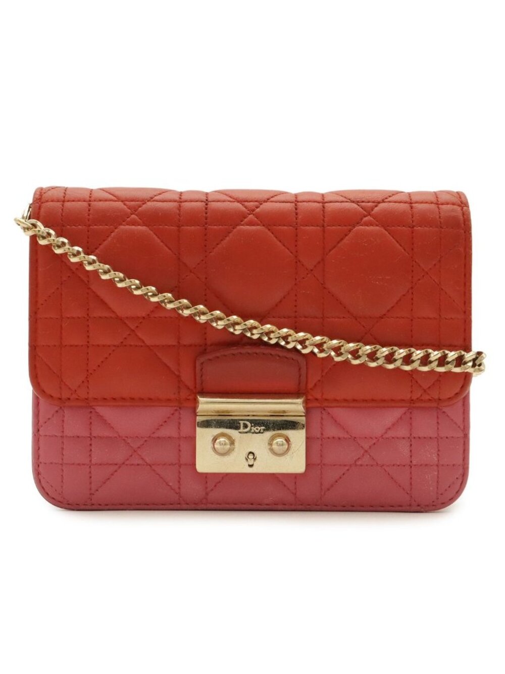 Dior Cannage Pochette Mini Shoulder Bag Chain Leather Red Gold